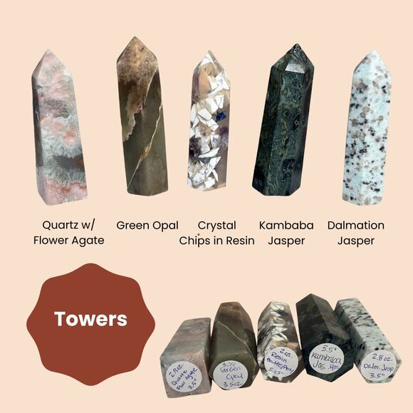Crystal Towers Obelisk Carvings Agate Tigers Eye Jasper Opal Spalerite Moonstone - Picture 1 of 6